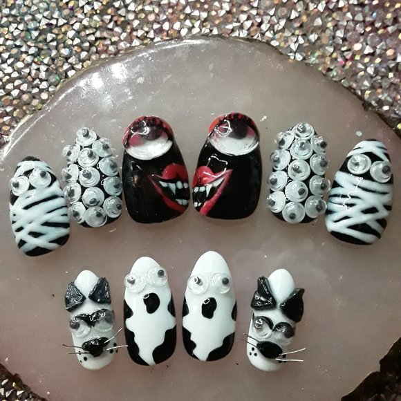 Hand made Hard Gel Medium Length Almond Shaped Halloween Press On Nails - Picture 1 of 9